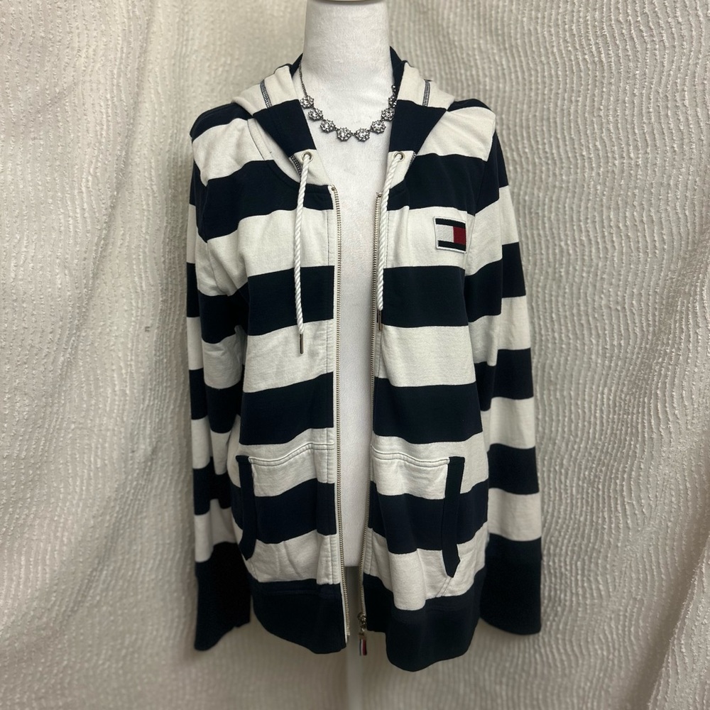 Tommy Hilfiger Striped Zip Up Sweatshirt XL Blue White Y2K Streetwear